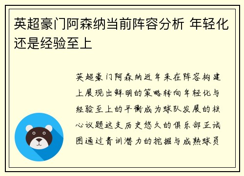 英超豪门阿森纳当前阵容分析 年轻化还是经验至上