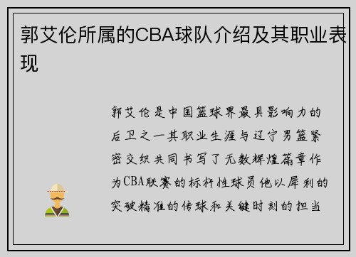 郭艾伦所属的CBA球队介绍及其职业表现